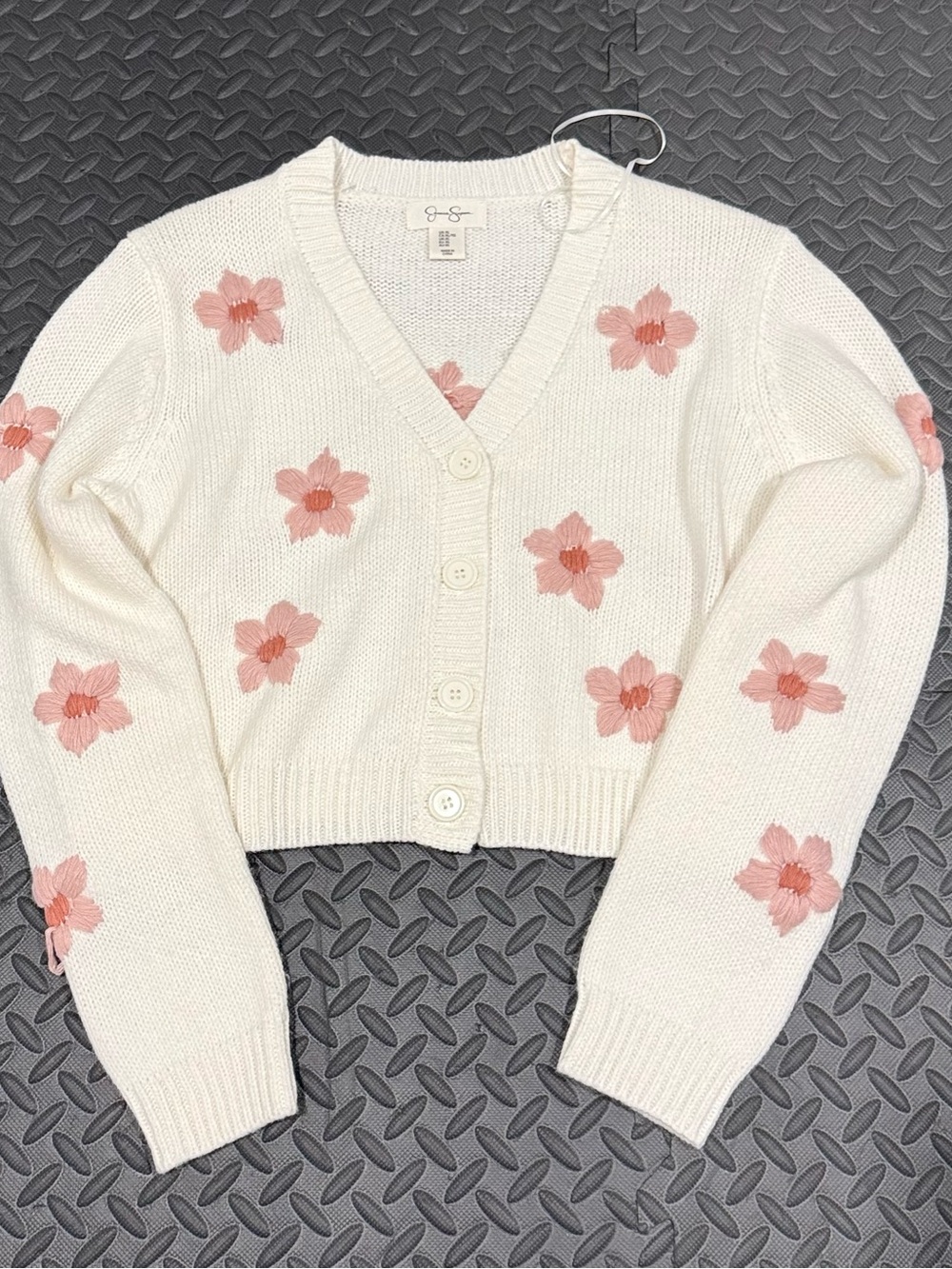 Jessica Simpson Ivory Pink Floral Knit V-Neck Button Cardigan Sweater XL Acrylic